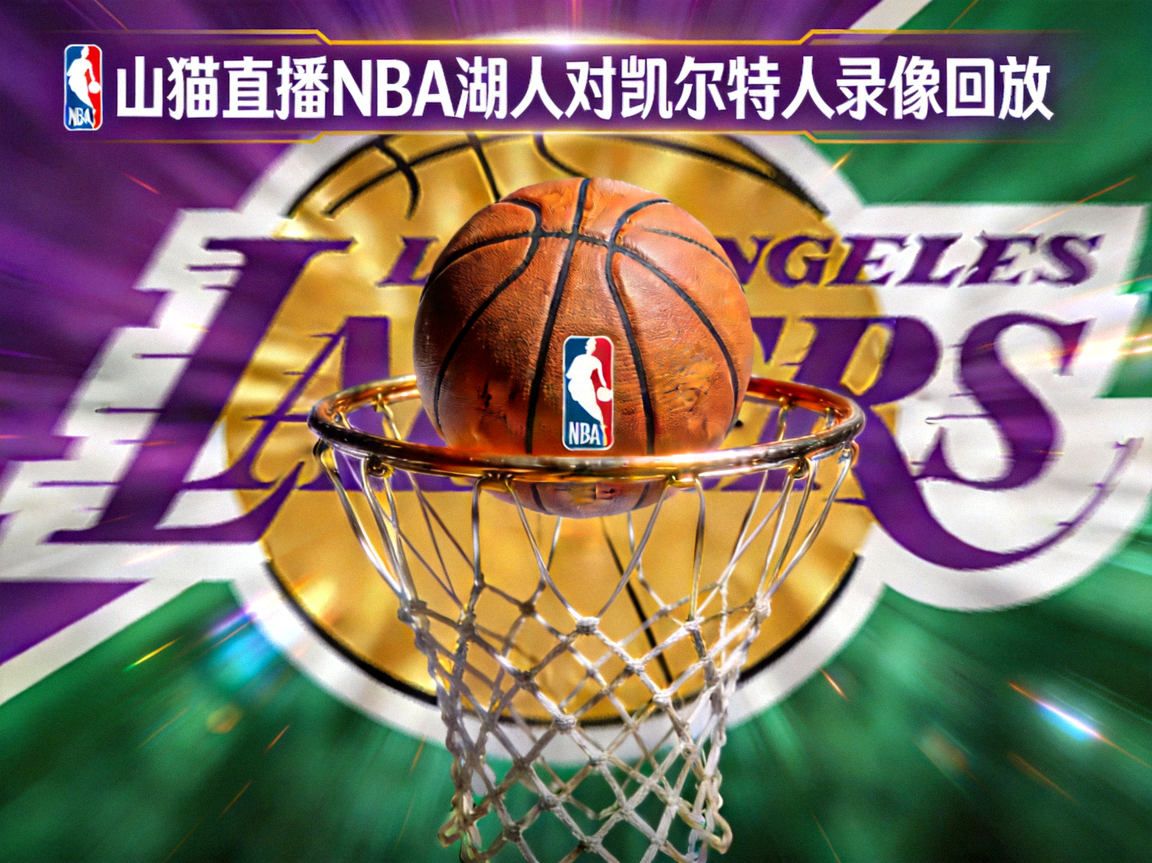 山猫直播NBA湖人对凯尔特人录像回放封面，篮球在篮筐上方